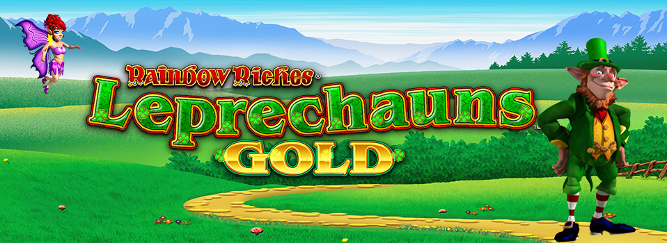 Rainbow Riches Leprechauns Gold Slot Logo mit Kobold und Fee vor einer grünen Landschaft